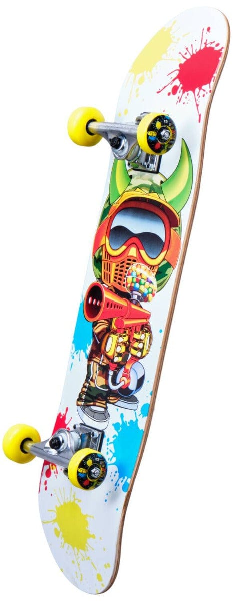 The Speed Demons Characters Paintballer Complete Skateboard - 7.5" x 31" boasts a 7-ply maple deck featuring a colorful design of a futuristic character wearing a helmet and gloves and holding a candy jar. The deck is adorned with red, yellow, and blue paint splatters, complemented by yellow wheels showcasing graphic details.