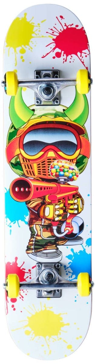 The Speed Demons Characters Paintballer Complete Skateboard, measuring 7.5" x 31", showcases a deck made from 7-ply maple with vibrant yellow wheels on a clean white base. The deck is decorated with colorful splatters and displays a cartoon character wearing a helmet and visor, holding a dynamic red and yellow item.