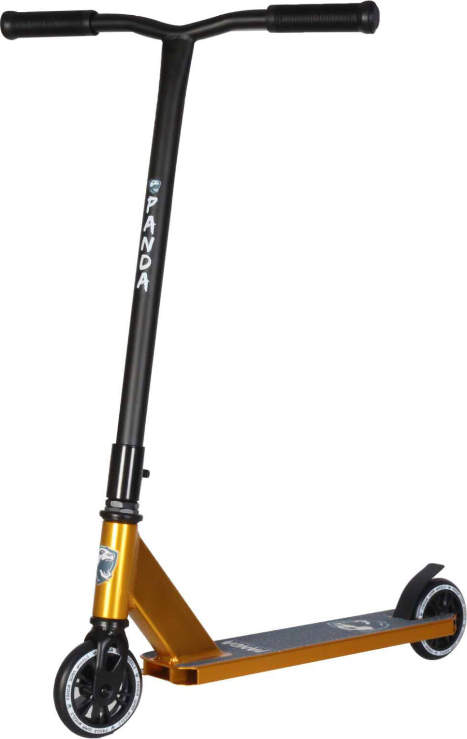 The Panda Initio Complete Stunt Scooter - Gold, from the brand Panda, is a great choice for beginners. It sports a sleek black and gold design with IHC compression, featuring a T-shaped handlebar adorned with a vertical "Panda" inscription. The scooter's textured deck and two small wheels make it ideal for executing tricks and stunts.