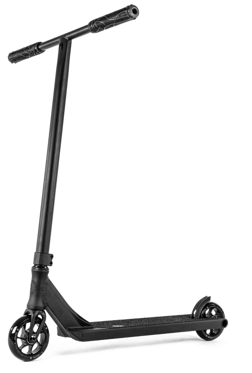 The Ethic DTC Pandora Complete Stunt Scooter (L) in black boasts a sleek design, equipped with a Chromoly Steel T-bar handlebar and small wheels ideal for street riding.