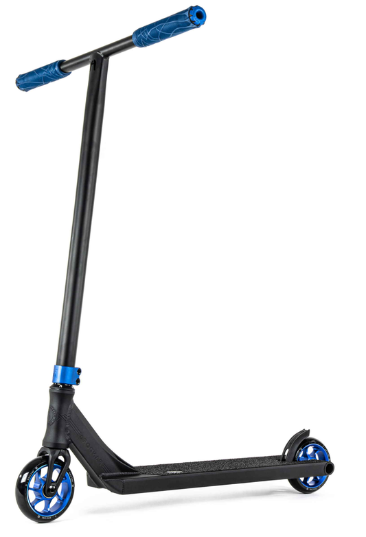 The Ethic DTC Pandora Complete Stunt Scooter (M) - Blue showcases a black frame complemented by blue handle grips and wheel hubs. Presented at a slight angle against a white background, this scooter is tailored for street-oriented riders and features a minimalist design, complete with a textured deck and chromoly steel T-bar handlebars.