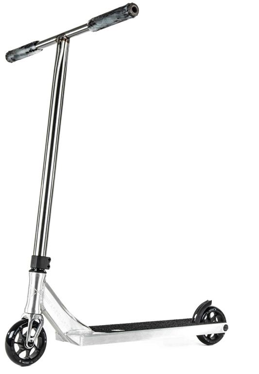 The Ethic DTC Pandora Complete Stunt Scooter (L) - Brushed Silver is a sleek scooter featuring black handlebars and wheels, highlighted by its minimalist design. It boasts a chromoly steel T-bar handle and sturdy deck, making it ideal for street riding, all elegantly presented against a white background.