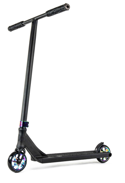 The Ethic DTC Pandora Complete Stunt Scooter (M) - Neochrome is a stylish black scooter featuring a sturdy frame and a T-bar handle equipped with textured grips. Its neochrome wheels and clamp enhance its aesthetic appeal, while the non-slip deck is ideal for performing street tricks and freestyle riding.