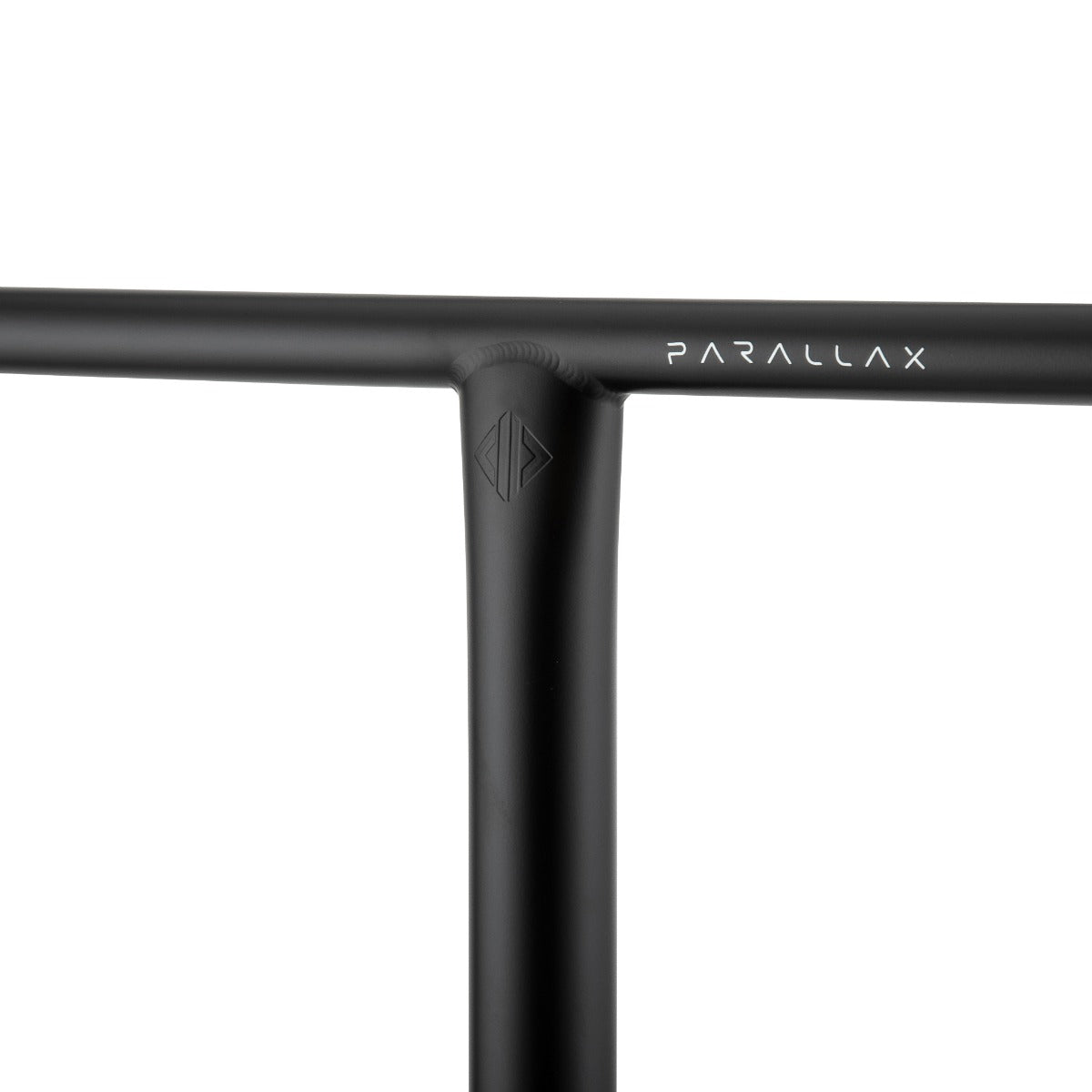 Close-up of a black handlebar from the Drone Parallax Titanium HIC Stunt Scooter T-Bars, featuring the word "PARALLAX" along the side. The matte finish complements Drone's sleek, minimalist design, reminiscent of premium BMX bike handlebars compatible with SCS and HIC compression systems.