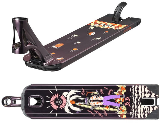 Introducing the Blunt Envy AOS V5 LTD Jonathan Perroni Signature Stunt Scooter Deck—a freestyle marvel adorned with bold, colorful illustrations. The top features quirky designs like a burger and drink, while the bottom displays a vividly dressed character surrounded by abstract patterns, all set against a predominantly dark purple backdrop. Sized at 5.5" x 22", this limited edition deck is truly unique.