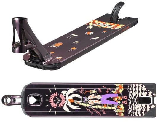 The Blunt Envy AOS V5 LTD Jonathan Perroni Signature Stunt Scooter Deck, measuring 6" x 23", features intricate designs in a striking purple/black theme. Vibrant character artwork is interspersed with symbolic elements and text on both the top and bottom of the deck, making it a perfect choice for enthusiasts who appreciate stunning graphic details on their stunt scooter decks.