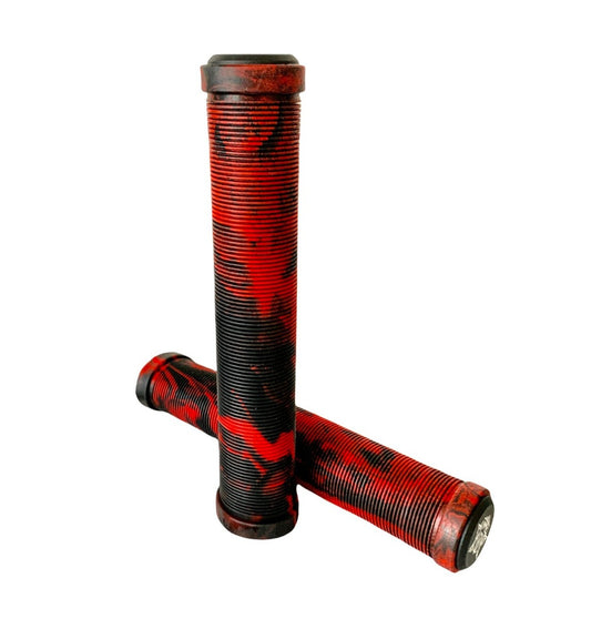 Two exceptionally soft, cylindrical grips from Revolution are displayed, showcasing a textured pattern in a blend of red and black hues. These Revolution Fused Black / Red Stunt Scooter Grips, measuring 172mm and crafted from high-grade TPR, are creatively arranged with one standing upright while the other is positioned horizontally against it.