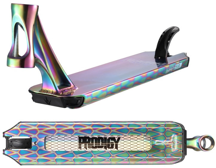 The Blunt Envy Prodigy S9 Oil Slick Neochrome stunt scooter deck, measuring 4.75" x 19.5", showcases a vibrant finish with geometric patterns. This lightweight deck includes a handle mount and prominently features "PRODIGY" on its underside.