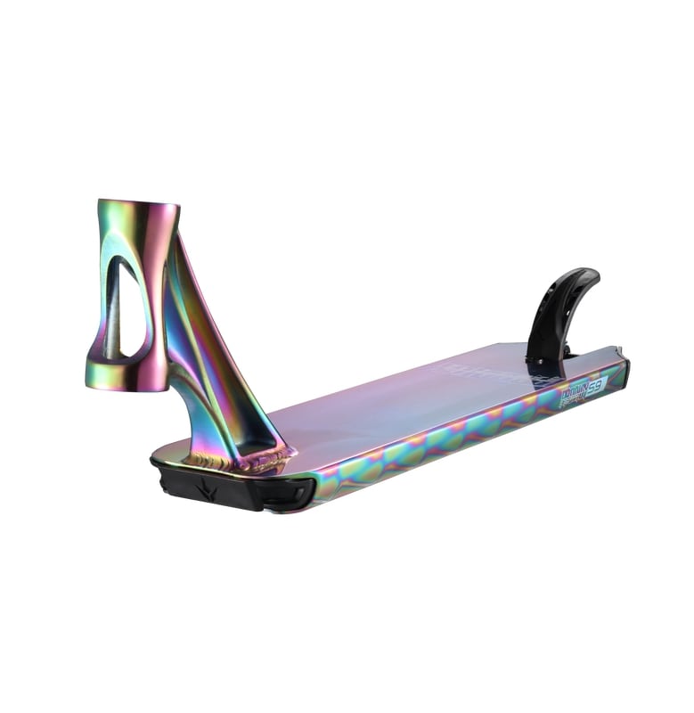 The Blunt Envy Prodigy S9 Oil Slick Neochrome stunt scooter deck, measuring 4.75" x 19.5", boasts a vibrant finish with an iridescent sheen, showcasing a sleek design and robust neck for easy handlebar attachment. This deck also comes equipped with a dependable rear wheel brake.