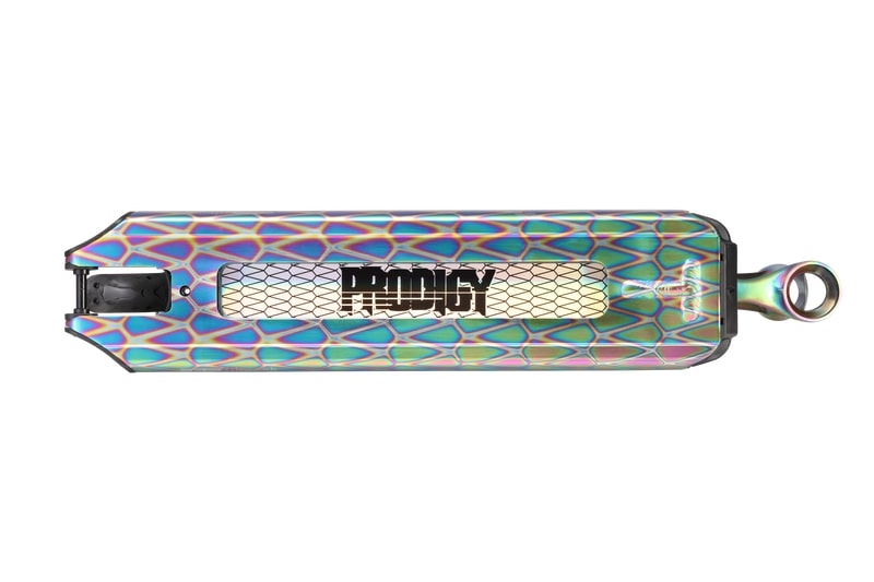 The Blunt Envy Prodigy S9 Oil Slick Neochrome Stunt Scooter Deck boasts a vibrant, lightweight design with an iridescent honeycomb pattern and the word "PRODIGY" prominently featured across the center. This 4.75" x 19.5" deck dazzles with its striking rainbow-like surface finish, making it ideal for riders who value both style and performance.