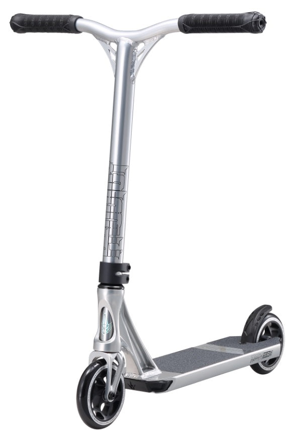 Inspired by the Blunt Envy Prodigy S9 XS Complete Stunt Scooter - Chrome, this stunt scooter features black grips and wheels. The sleek and minimalist design includes a durable frame and a textured deck for improved grip. Perfect for young riders, it comes with a smaller front wheel to boost agility and performance.