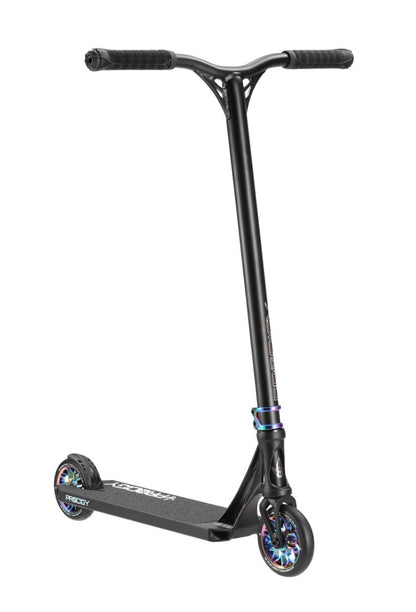 The Blunt Envy Prodigy X Complete Stunt Scooter in Black / Oil Slick Neochrome is a sleek, black scooter with vibrant, iridescent details on the wheels and handlebar stem. It features straight handlebars with grips and a base that showcases the Blunt Envy logo prominently, seamlessly blending style with performance.