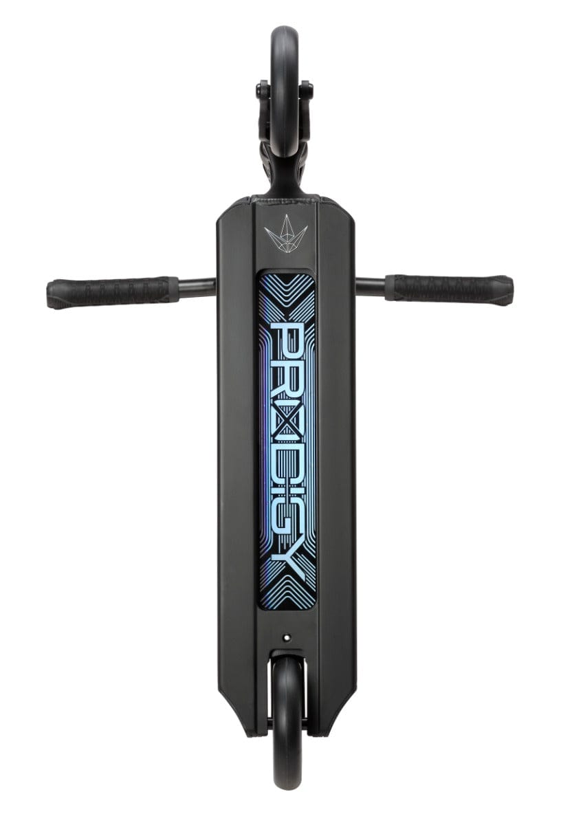 Top view of the Blunt Envy Prodigy X Complete Stunt Scooter deck in black with an intricate blue design, showcasing the bold text "PRO X DECK." The handlebars and rear wheel are visible, emphasizing the streamlined shape of the complete scooter.