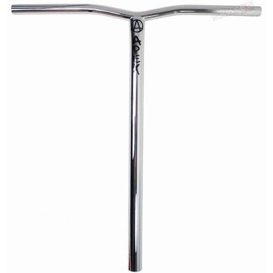 The Apex Bol Steel Oversized HIC Stunt Scooter Bars feature a Y-shape design made from robust 4130 Chromoly Steel. These chrome bars come with a sleek, powder coat finish and display a graffiti-style logo, making them ideal for freestyle or trick scootering.