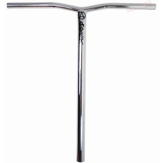 Introducing the Apex Bol Steel Standard SCS Stunt Scooter Bars in Chrome, measuring 590mm x 560mm. This high-quality handlebar features a slight upward curve with a black logo on the right side. It boasts a T-shape design crafted from durable 4130 Chromoly Steel, with shiny, reflective surfaces and white-capped ends, reflecting the exceptional craftsmanship of Apex products.