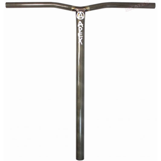 The Apex Bol Steel Standard SCS Stunt Scooter Bars in clear raw finish, measuring 590mm by 560mm, feature a sleek T-shaped handlebar made from durable black 4130 Chromoly Steel. The "Apex" brand name is prominently displayed in white lettering near the top, making it perfect for your needs.