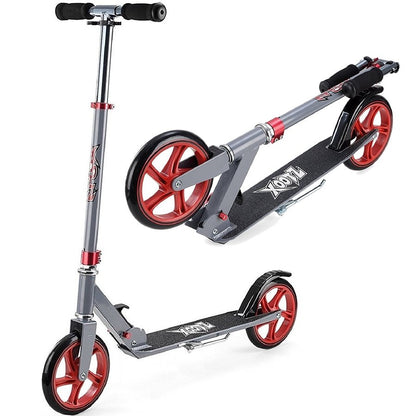 Introducing the Xootz Foldable Large Wheeled Scooter in Gunmetal Grey. This stylish scooter features large 200mm red wheels, a lightweight aluminium deck adorned with the Xootz logo, and durable black handlebars for a smooth and effortless riding experience.