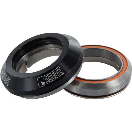 Close-up of two black and silver metal bearings from the Blunt Envy Integrated Stunt Scooter Headset, with "Blunt Envy" clearly visible. One bearing is upright, while the other leans slightly, showcasing an orange seal on its side—ideal for a smooth-performing integrated stunt scooter headset.