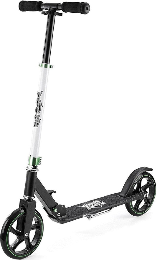 The Xootz Foldable Large Wheeled Scooter - Black from Xootz is designed with large 200mm wheels and a robust frame, complemented by a lightweight aluminum deck for improved grip. It includes adjustable handlebars with black grips and a rear fender brake, making it an ideal ride in its sleek black and white design.