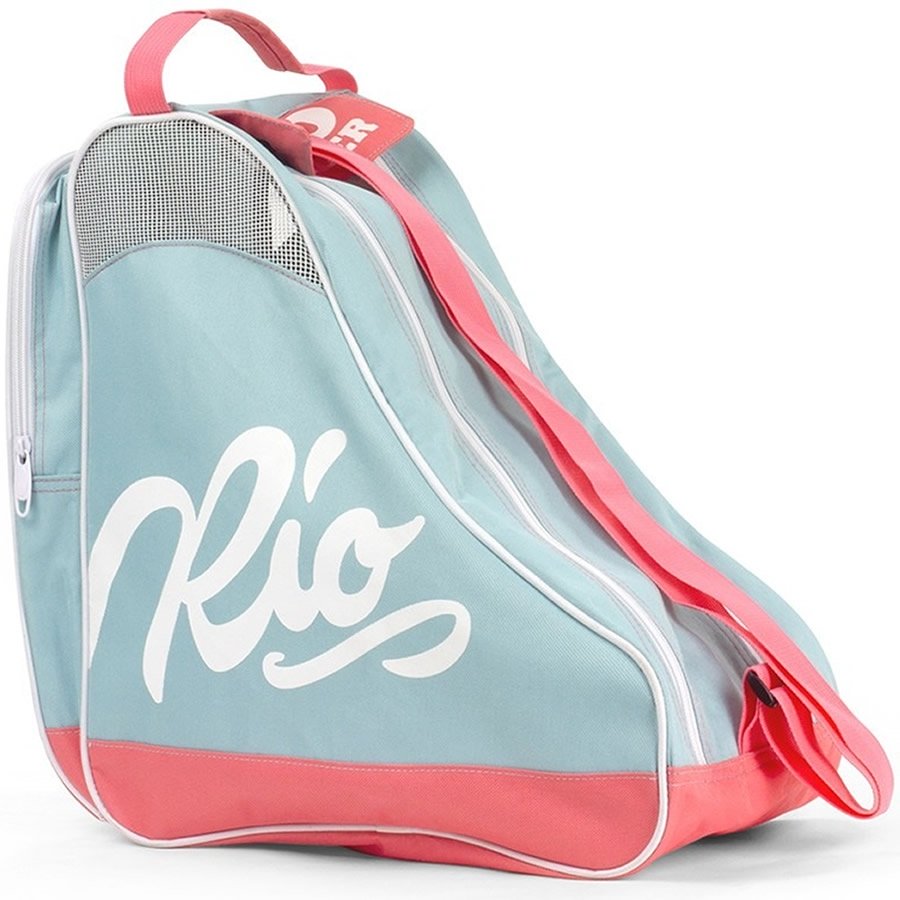 Introducing the Rio Roller Script Skate Bag in Teal and Coral by Rio Roller, featuring a sleek design with white accents and water-resistant material. The bag showcases a bold "Rio" logo on the side, complete with mesh ventilation on top, a sturdy handle, and an adjustable carry strap for easy transport.