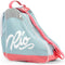 Introducing the Rio Roller Script Skate Bag in Teal and Coral by Rio Roller, featuring a sleek design with white accents and water-resistant material. The bag showcases a bold "Rio" logo on the side, complete with mesh ventilation on top, a sturdy handle, and an adjustable carry strap for easy transport.