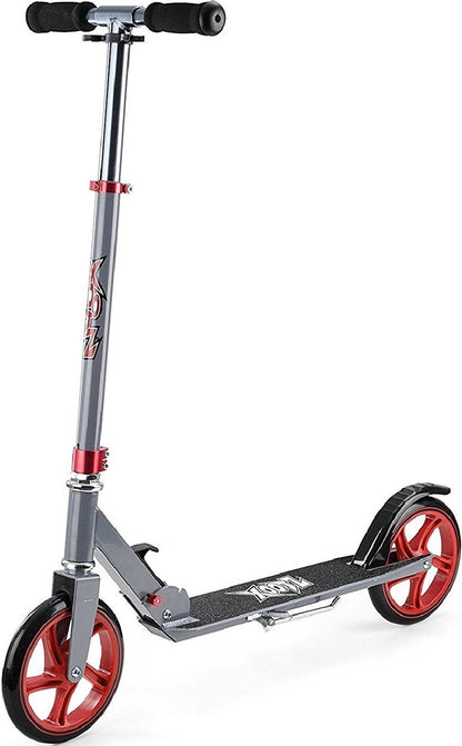 The Xootz Foldable Large Wheeled Scooter in Gunmetal Grey features bold red 200mm wheels, adjustable handlebars with black grips, and a lightweight aluminum deck equipped with a textured surface for improved footing. The Xootz branding stands out clearly on both the front and the deck.