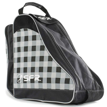 The SFR Designer Ice & Skate Bag - Black Chequered is made from durable polyester and showcases a chic black and white checkered design featuring the "SFR" logo. Ideal for carrying roller skates, this elegant bag includes a handy top handle and is highlighted by black panels with white piping.