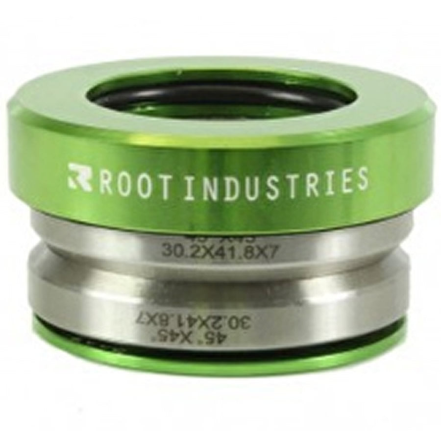 A close-up of the Root Industries Integrated Stunt Scooter Headset - Green, showcasing premium sealed bearings. The text "ROOT INDUSTRIES" is prominently displayed on the vibrant green section, with the numbers "30.2x41.8x7" and "45ºx45º" etched into the sleek metal area.