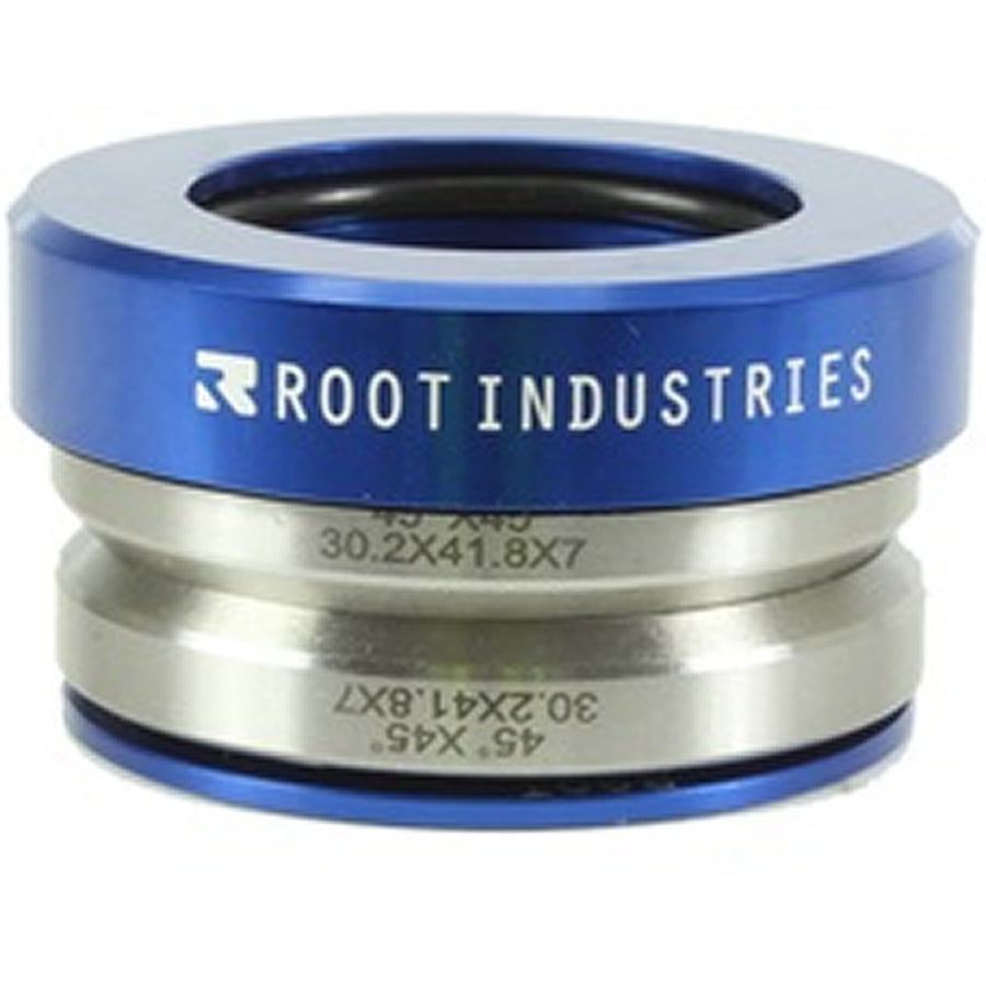 The Root Industries Integrated Stunt Scooter Headset in Blue is a component featuring engraved specifications and high-quality sealed bearings.