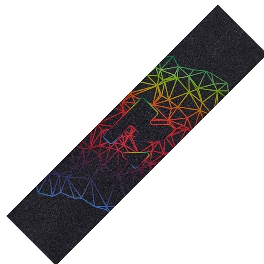 The Root Industries Pro Stunt Scooter Griptape - Geometrix features a black rectangular strip adorned with a geometric rainbow pattern, highlighting an abstract letter "A" in the center. The design includes interconnected triangles forming a vibrant gradient, ensuring superior grip for your stunts.