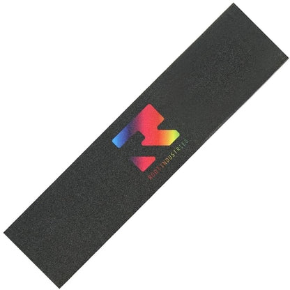 The Root Industries Pro Stunt Scooter Griptape - Rainbow features a vibrant "R" logo with "Root Industries" lettering below, all set against a textured black grip tape designed for superior traction. Ideal for upgrading your scooter experience.