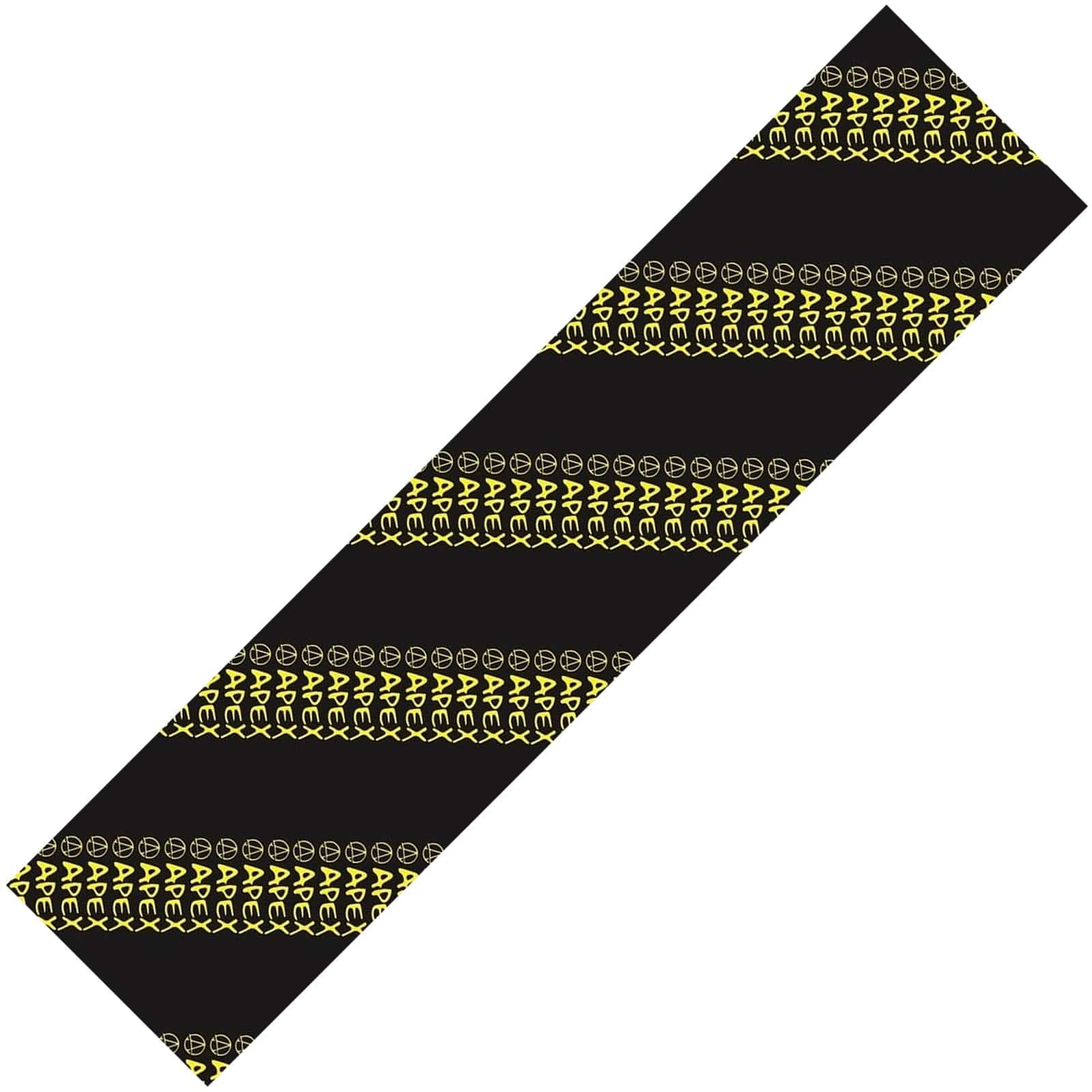 The Apex Logo Scooter Griptape - Caution features a black diagonal band with a repeating yellow "APEX" pattern, accompanied by circular icons of a smiling face. Perfect for scooter griptape, this design alternates rows of text and icons to provide both style and enhanced functionality with extra grip.