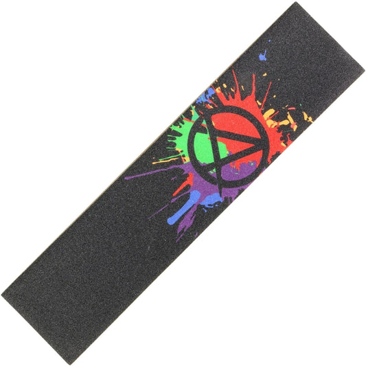 The Apex Logo Scooter Griptape - Splatter by Apex showcases a rainbow splatter design encircling an anarchy symbol. Its black backdrop enhances the vibrant colors, while providing extra grip for optimal performance. The dynamic Apex Splatter Logo is prominently featured in the center.