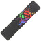 The Apex Logo Scooter Griptape - Splatter by Apex showcases a rainbow splatter design encircling an anarchy symbol. Its black backdrop enhances the vibrant colors, while providing extra grip for optimal performance. The dynamic Apex Splatter Logo is prominently featured in the center.