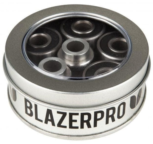 A round metal display tin labeled "Blazer Pro" contains four durable ABEC 7 bearings, arranged neatly and visible through a clear plastic lid.