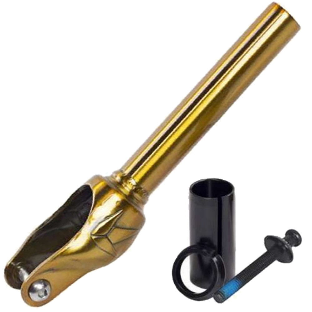 The Blunt Envy Colt IHC Stunt Scooter Forks in Trans Gold are displayed alongside a black compression ring and bolt. Ideal for Blunt Envy Colt riders, these forks boast a distinctive geometric design near the base and are constructed from 4130 Chromoly for superior durability.