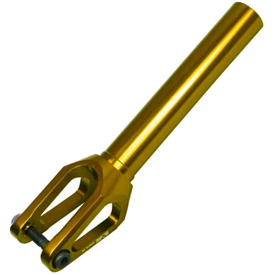 The Dare Dimension SCS/HIC Stunt Scooter Forks in Gold are designed for stunt scooters, featuring a cylindrical steering tube and a two-pronged base for wheel attachment, allowing compatibility with SCS/HIC compression systems.