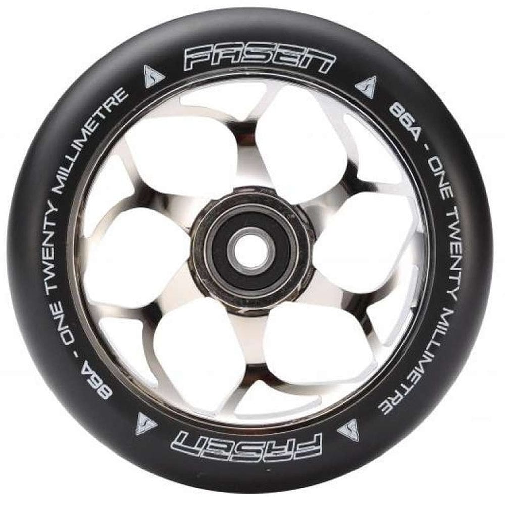 Close-up of a black and white stunt scooter wheel with text on the tire: "Fasen 86A One Twenty Millimetre." The central hub showcases a sleek, six-spoke design with an aluminium core and ABEC 9 bearings for ultimate performance. This is the Fasen 6 Spoke 120mm Stunt Scooter Wheel in chrome.