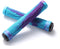 On a white background, the Fasen Fast Teal / Purple Stunt Scooter Grips - 160mm are displayed in a crossed arrangement. One grip showcases dual tone colors of teal with purple accents, and the other is primarily purple with teal accents. Made by Fasen from a super soft compound, both grips feature a textured surface for enhanced grip, making them ideal for stunt scooter enthusiasts.