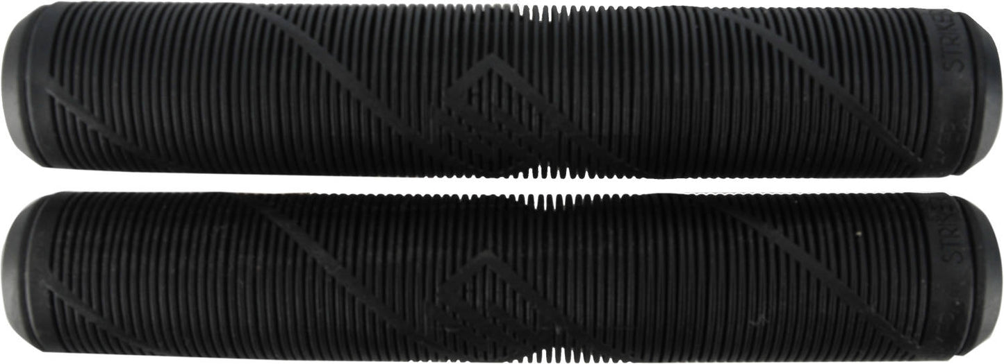 A pair of Striker Logo Black Stunt Scooter Grips, measuring 163mm each, is displayed. Made from soft rubber, these grips boast a ribbed design with understated geometric patterns. Positioned horizontally, one on top of the other, they contrast sharply against a bright white background.