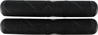 A pair of Striker Logo Black Stunt Scooter Grips, measuring 163mm each, is displayed. Made from soft rubber, these grips boast a ribbed design with understated geometric patterns. Positioned horizontally, one on top of the other, they contrast sharply against a bright white background.