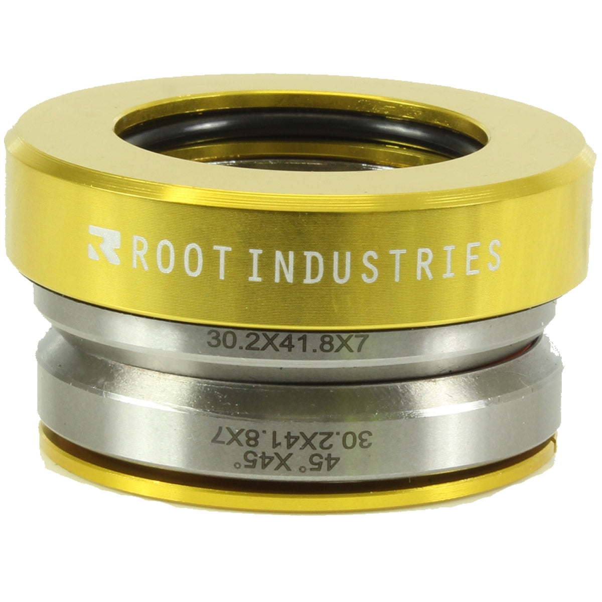 A close-up image of the Root Industries Integrated Stunt Scooter Headset - Gold highlights its high-quality sealed bearings. The top cap is gold featuring "ROOT INDUSTRIES" engraved, while the bottom part is metallic silver. Measurements are visible on the silver section, emphasizing its precision design.