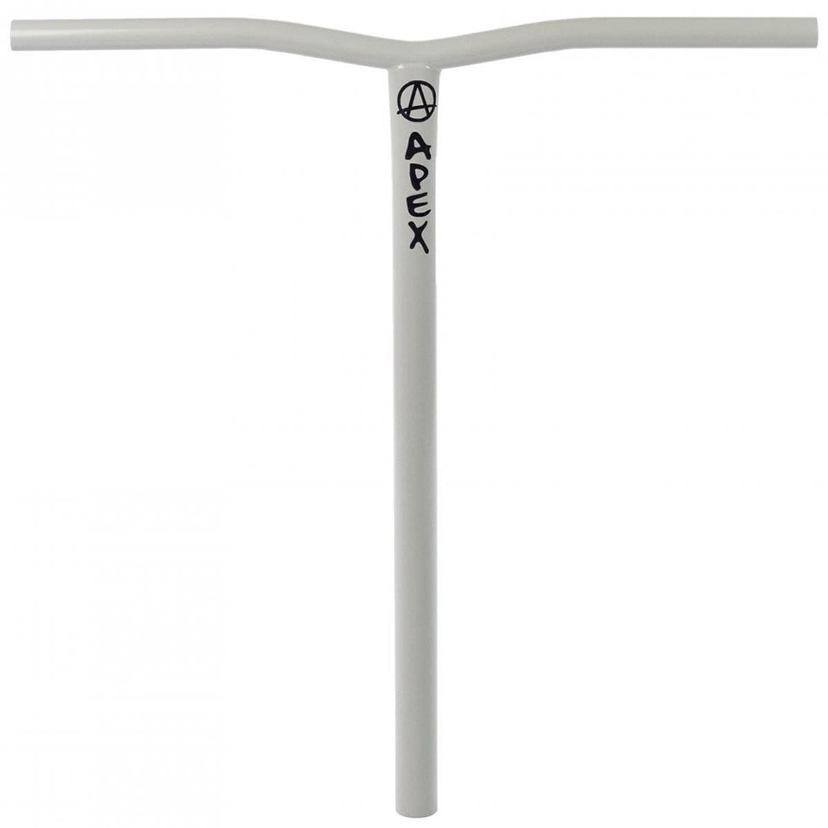 A grey chromoly steel scooter handlebar with a straight crossbar that curves slightly upward at the ends. The scratch-resistant brand name "APEX" is vertically printed on the stem, complemented by a stylized "A" encircled above it.