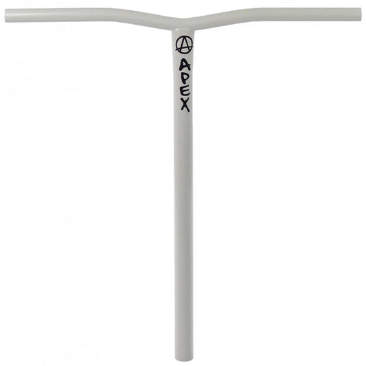 A grey chromoly steel scooter handlebar with a straight crossbar that curves slightly upward at the ends. The scratch-resistant brand name "APEX" is vertically printed on the stem, complemented by a stylized "A" encircled above it.