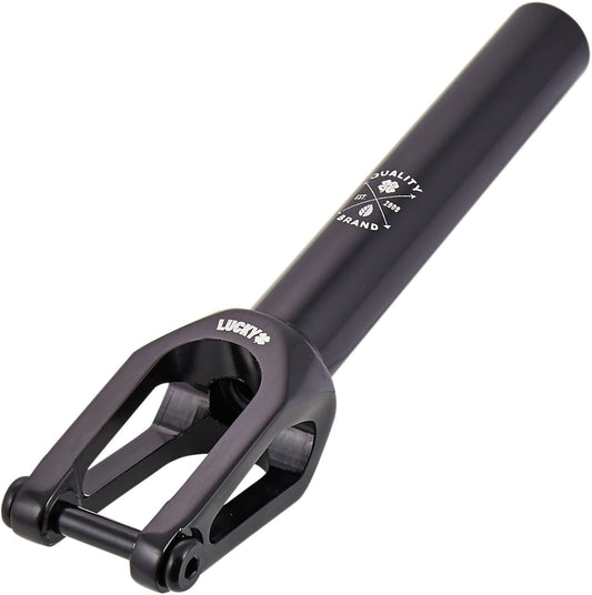 The Lucky Huracan V2 SCS/HIC Stunt Scooter Fork - Black is a precision-engineered, sleek component for any pro scooter. Displaying the "Lucky" logo in white on its black cylindrical stem, this minimalist fork features dual prongs for wheel attachment and is compatible with 120mm wheels, ensuring top-notch performance.