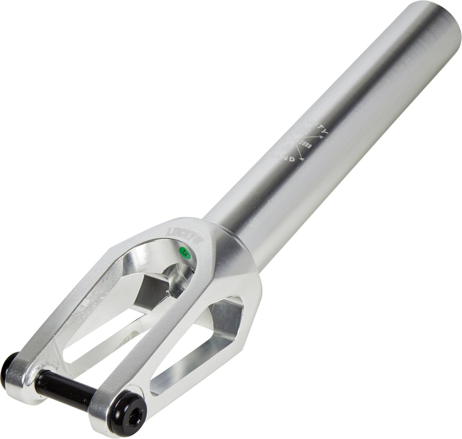 The Lucky Huracan V2 SCS/HIC Stunt Scooter Fork boasts a sleek cylindrical design with an open, dual-pronged end for seamless attachment of 120mm wheels, making it ideal for your pro scooter. Its smooth and shiny chrome finish by Lucky beautifully reflects light.