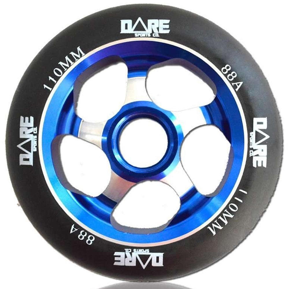 The Dare Motion 110mm stunt scooter wheel, designed by Dare, features a black and blue color scheme with a resilient polyurethane construction. Its stylish silver core displays the "Dare Motion" logo. With a diameter of 110mm and a hardness rating of 88A, this wheel ensures optimal performance and an appealing look.