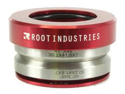 The Root Industries Integrated Stunt Scooter Headset in red features engraved specifications on the silver section and includes high-quality sealed bearings for a smooth ride.