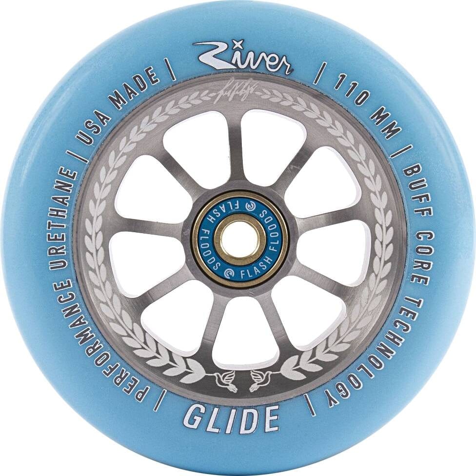 Introducing the Serenity Blue River Glide Scooter Wheel by River: This wheel features a sophisticated laurel wreath design with a sleek gray anodized 6061-T6 aluminum core, proudly displaying "Performance Urethane | USA Made | 110 mm | Buff-Core Technology | Glide.