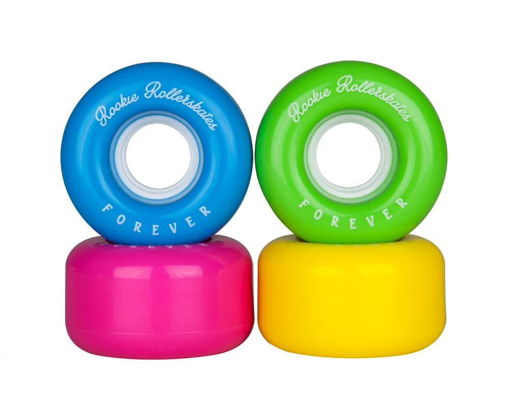 A pair of Rookie Disco 80A Quad Roller Skate Wheels, featuring vibrant blue and green colors with the "Rookie Rollerskates Forever" design, is stacked atop another pair adorned in striking pink and yellow. All wheels include white inner circles, making them an ideal choice for both indoor and outdoor skating adventures.